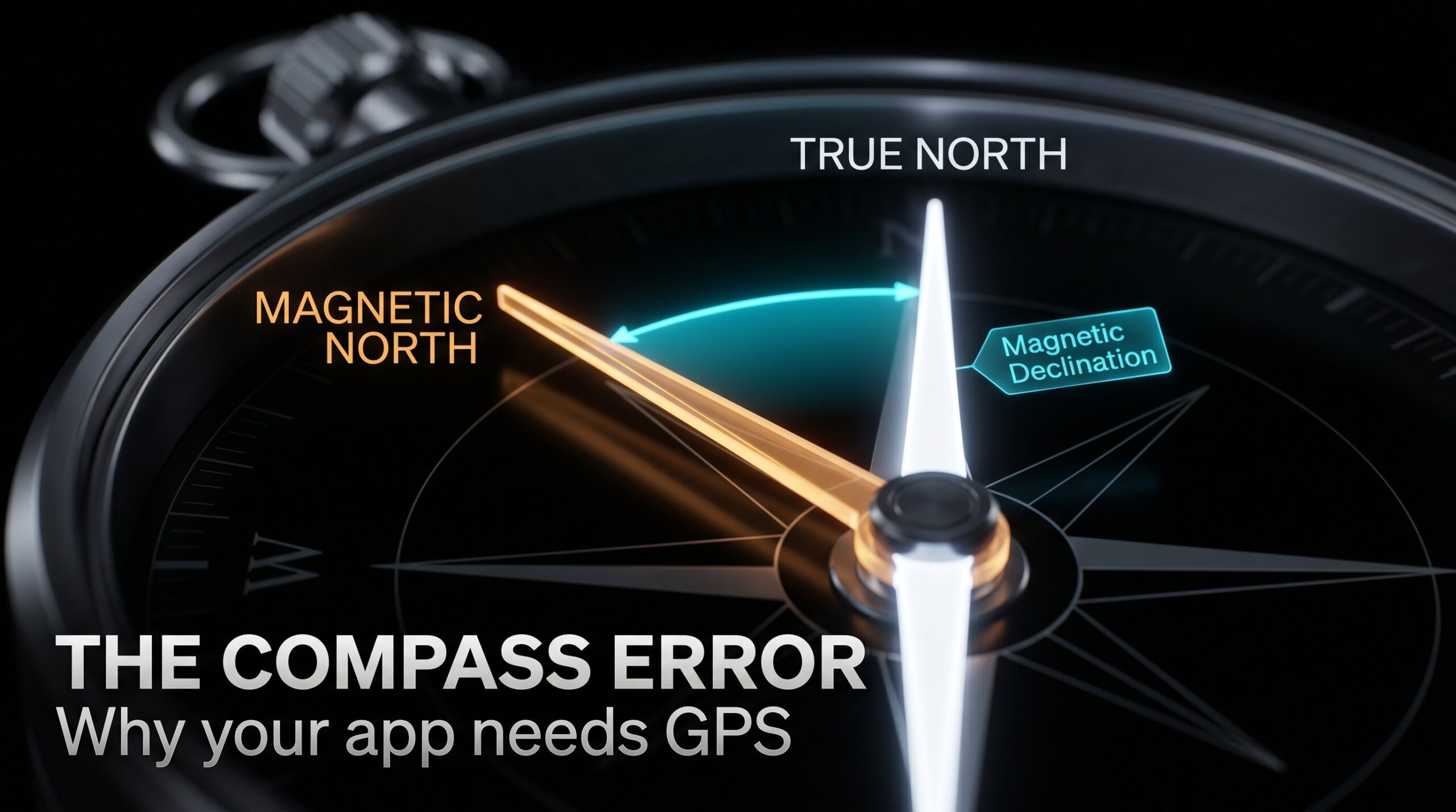 Compass diagram explaining magnetic declination by showing the angle difference between True Geographic North and Magnetic North to prevent Qibla calculation errors.