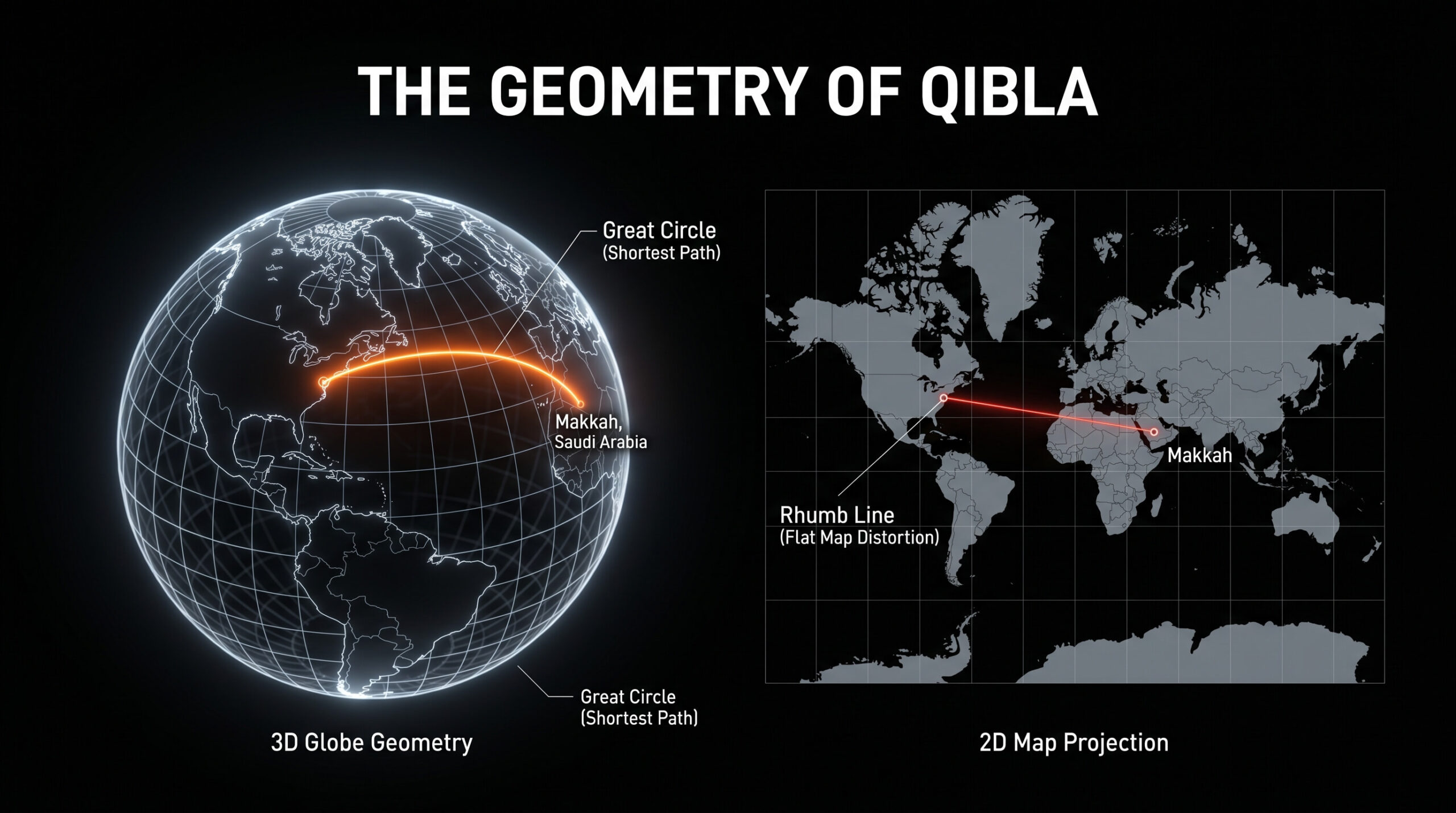3D globe comparison showing the correct Great Circle spherical calculation for Qibla direction versus the incorrect flat map Rhumb line distortion.