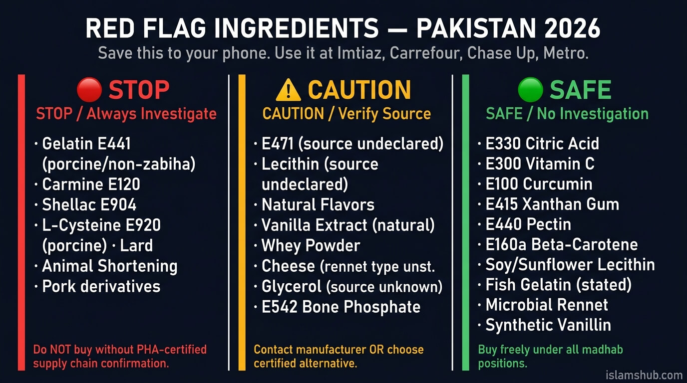 Traffic light infographic of red flag halal ingredients for Pakistani shoppers —
red stop list including gelatin E441 carmine E120 shellac E904 and L-Cysteine E920,
amber caution list including E471 and natural flavors, and green safe list including
citric acid E330 and microbial rennet — printable halal ingredient card Pakistan 2026