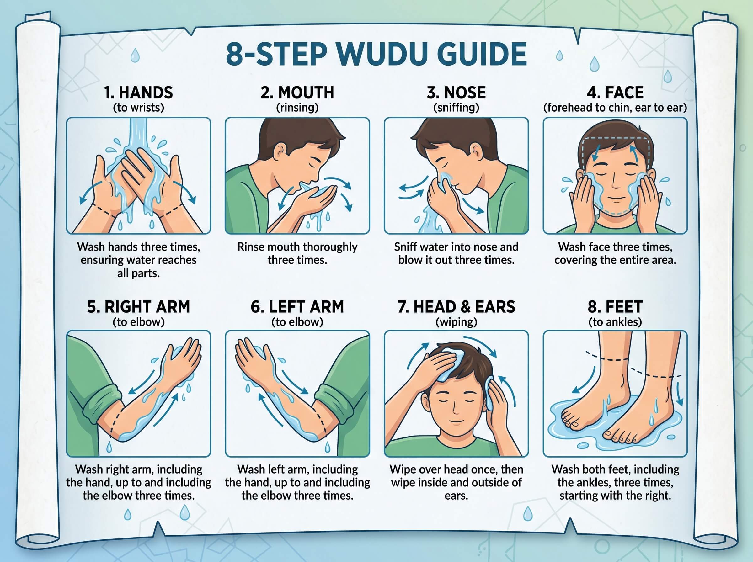 Step by step wudu infographic showing all 8 steps with body part boundaries and washing directions