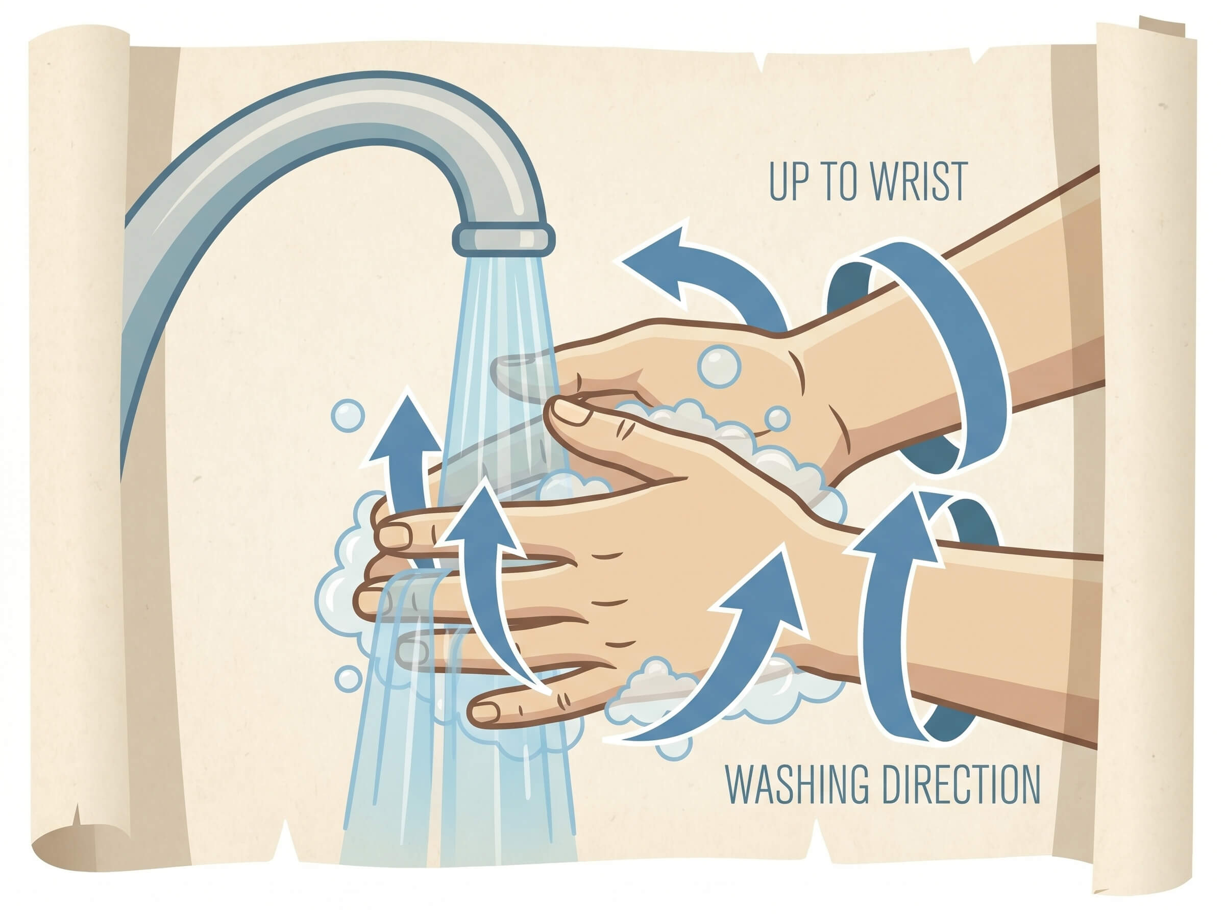 How to wash hands during wudu - water flowing from fingertips to wrists with fingers interlaced