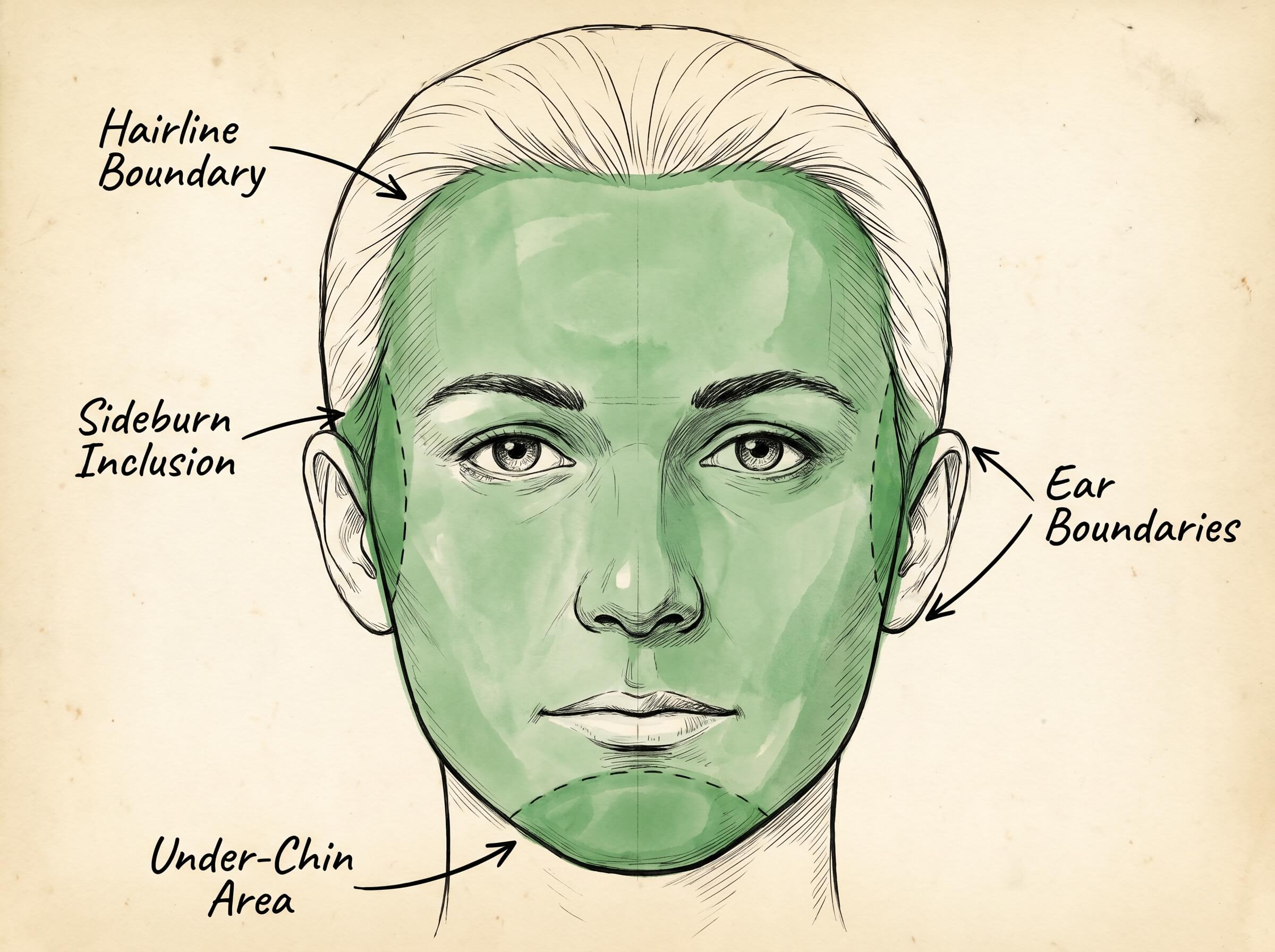 Wudu face washing boundaries diagram showing hairline to chin and ear to ear with sideburns highlighted