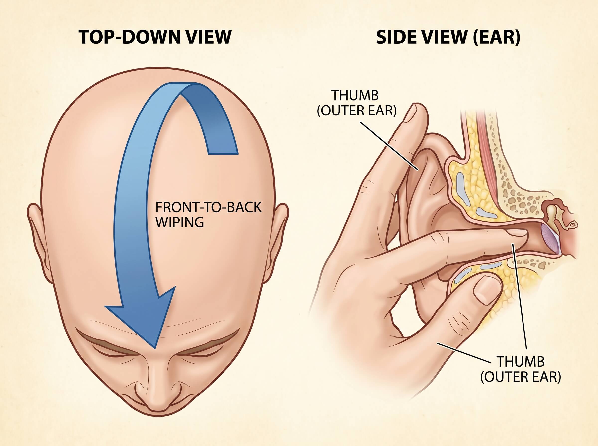 Wudu head wiping masah direction diagram and ear wiping finger placement showing index finger inside and thumb outside
