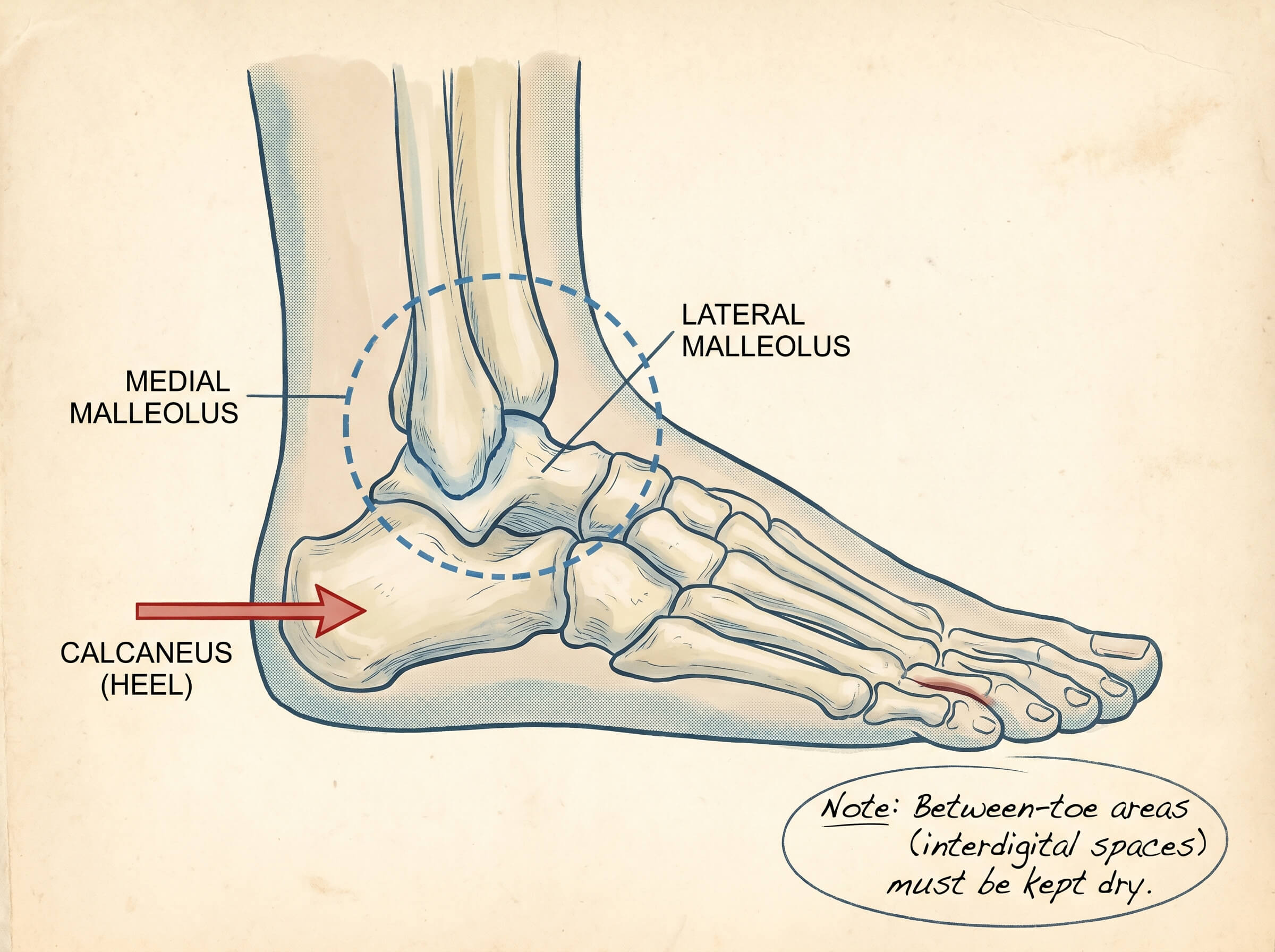 Wudu foot washing diagram showing ankle bones included heel coverage and between toes cleaning areas